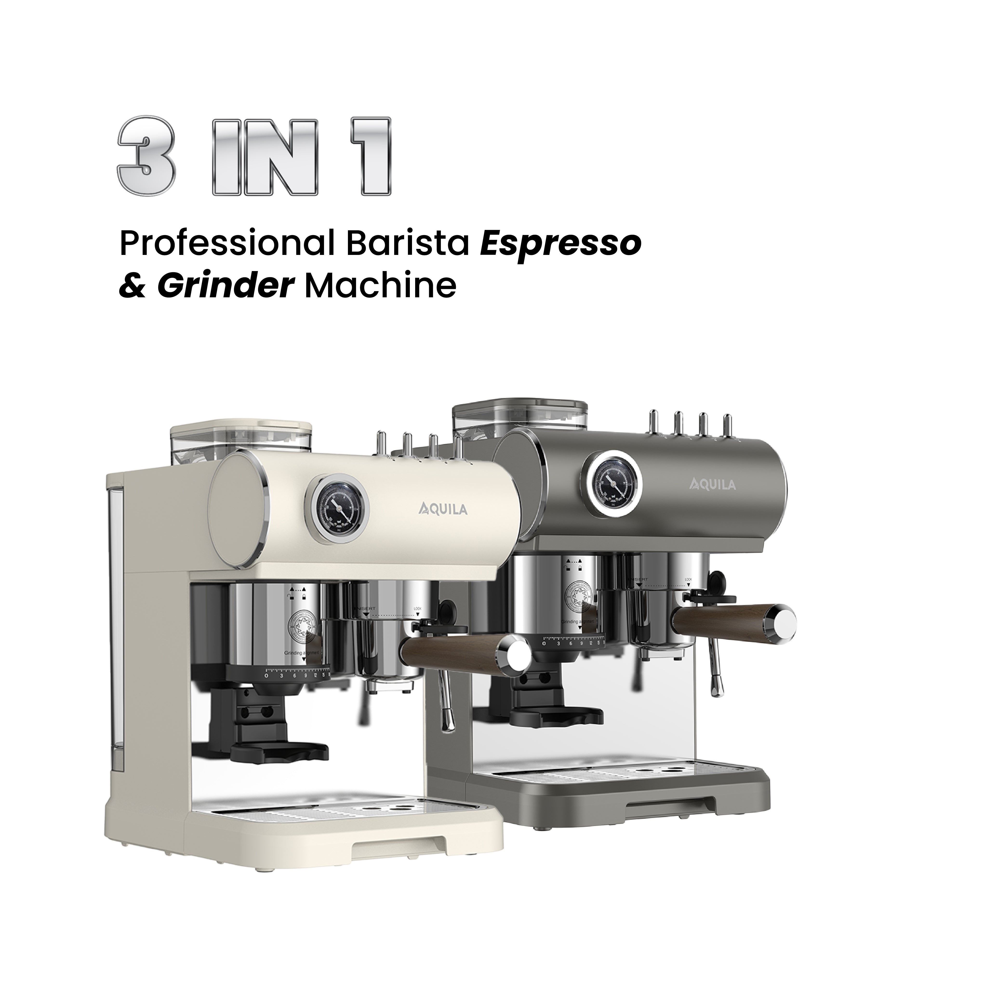 AQUILA CM300 3 in 1 Professional Barista Espresso & Grinder Machine Beige & Gray