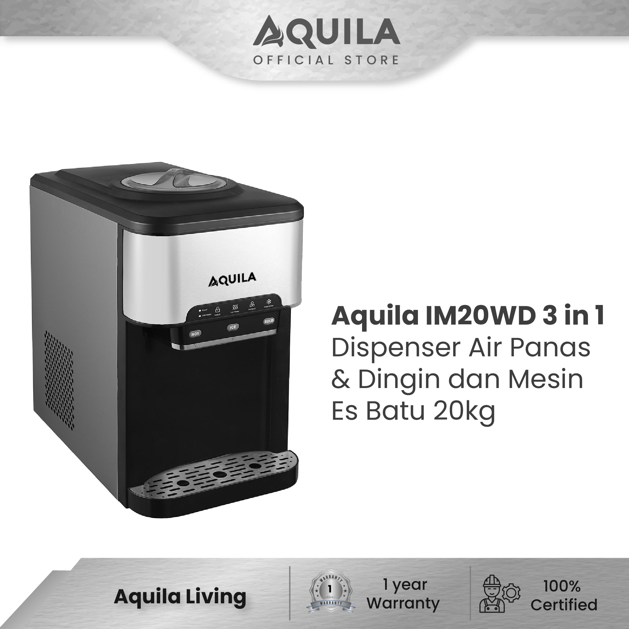AQUILA IM 20WD 3 in 1 Dispenser Air Panas & Dingin dan Mesin Es Batu 20kg