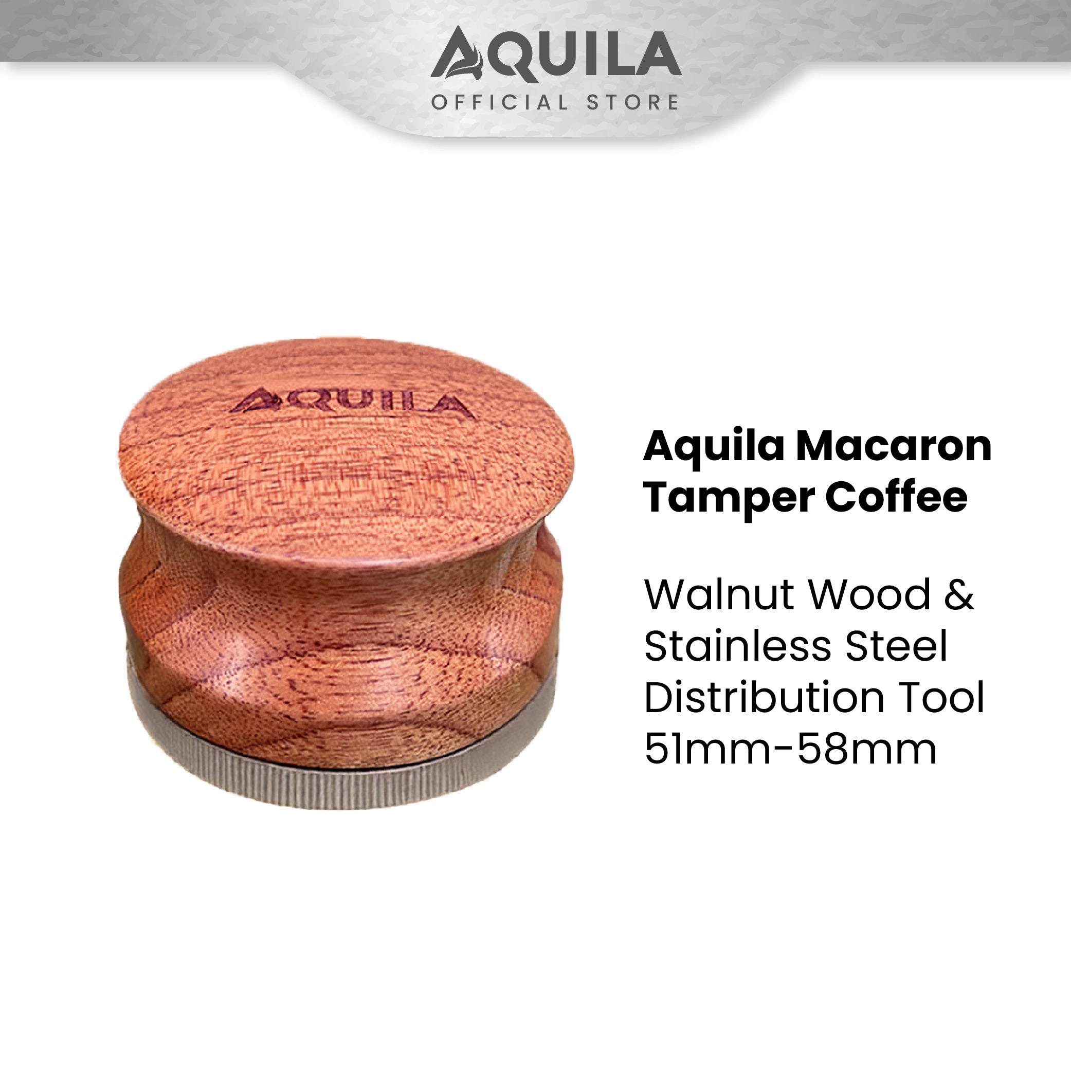 AQUILA Macaron Tamper Coffee Walnut Wood & Stainless Steel Distribution Tool 51mm-58mm