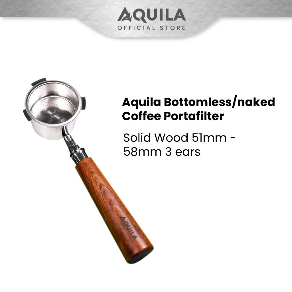 AQUILA Bottomless/naked Coffee Portafilter Solid Wood 51mm - 58mm 2 ears & 3 ears