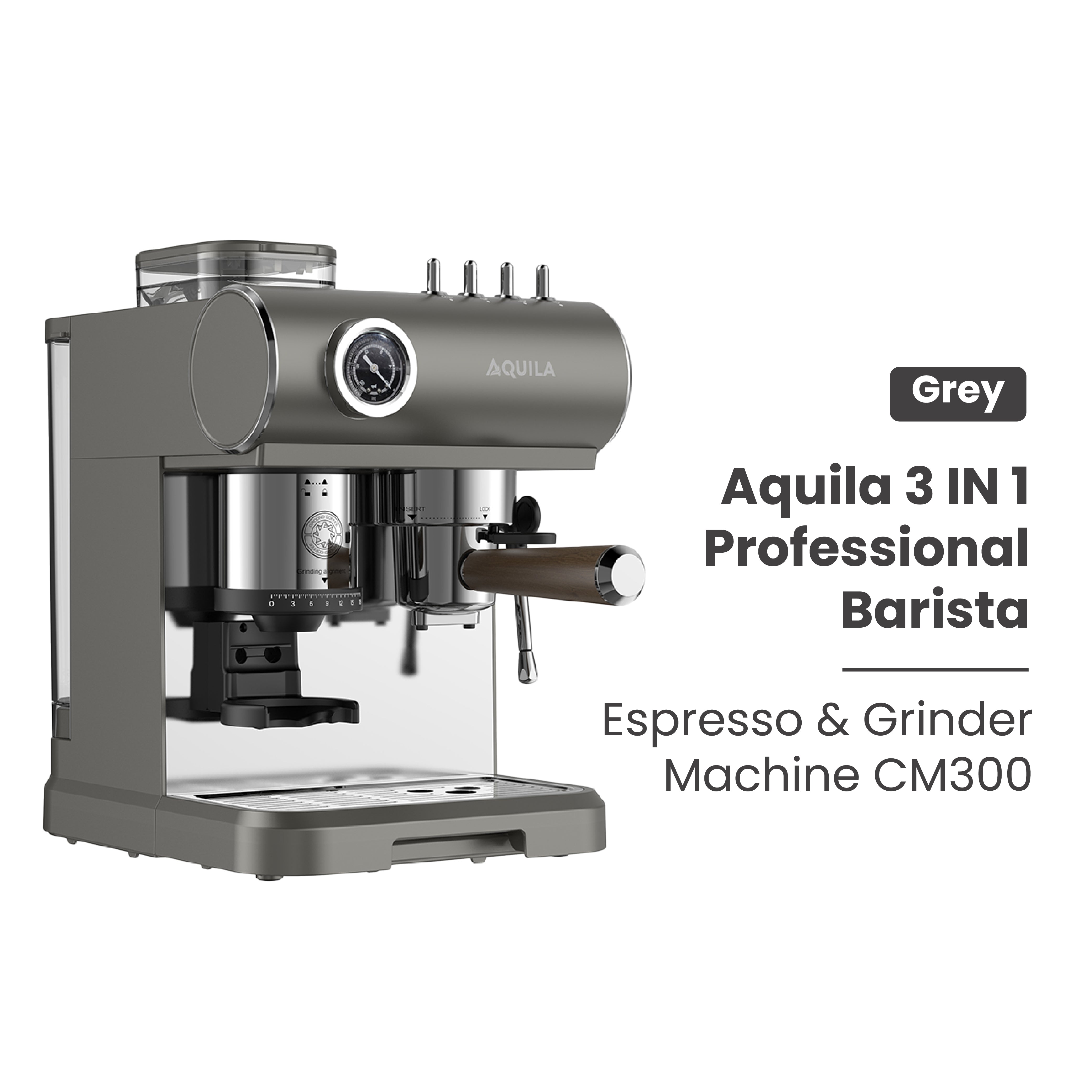 AQUILA CM300 3 in 1 Professional Barista Espresso & Grinder Machine Gray